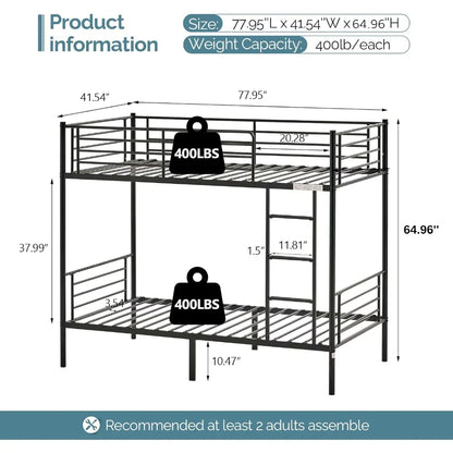 twin over twin heavy duty bunk bed W / flat ladder and 13" high guardrail for kids, teens, and adults