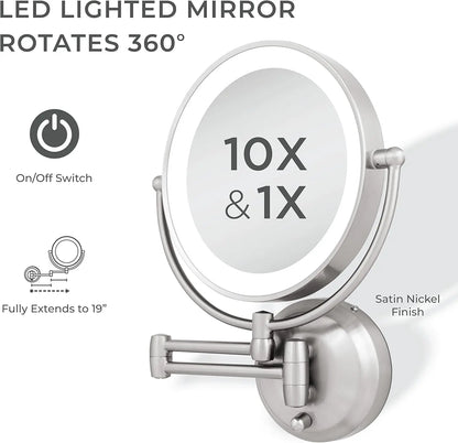 11" LED Wall Mounted Makeup Mirror Cordless or Battery-Operated