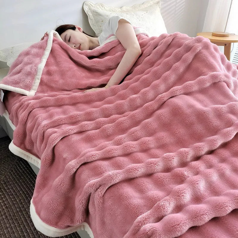 Solid Color Flannel Rabbit Fur Blanket Nap Cover Coral Fleece