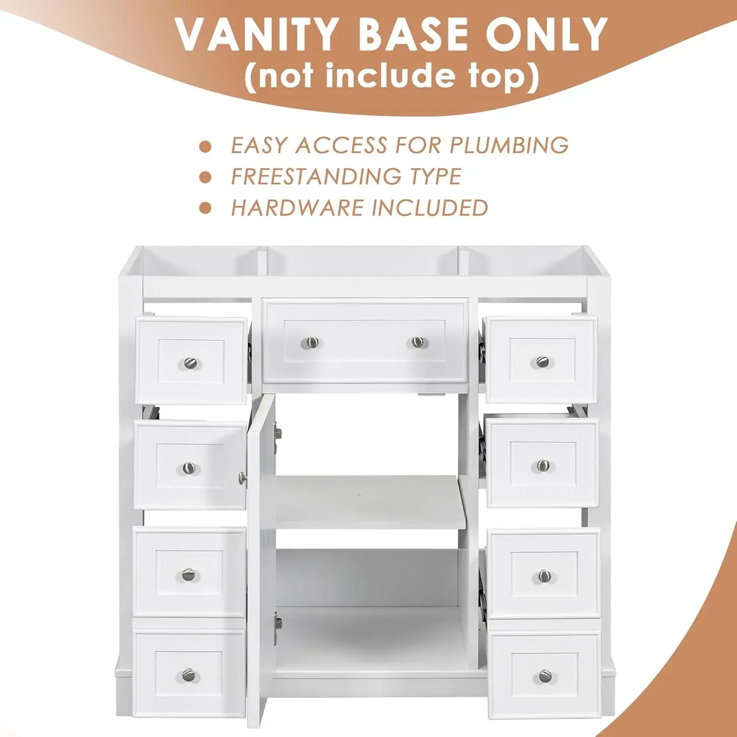 36 Inch Bathroom Vanity Cabinet Base White Storage 1 Door 6 Drawers, Customized