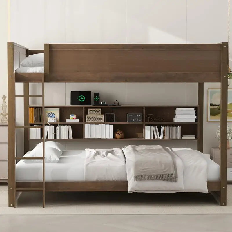 Queen Over Queen Bunk Bed with Storage, USB Ports, Antique Finish