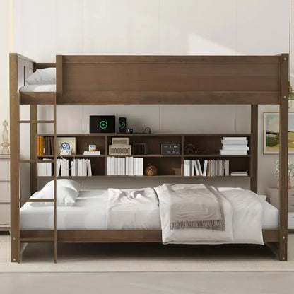 Queen Over Queen Bunk Bed with Storage, USB Ports, Antique Finish