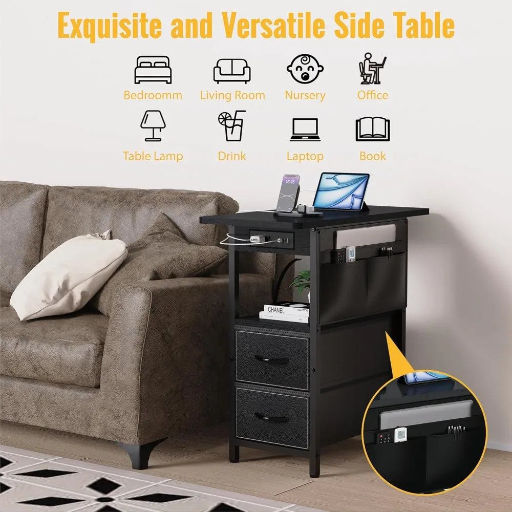 Narrow Nightstand Bedside Tables with Storage Pocket