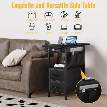 Narrow Nightstand Bedside Tables with Storage Pocket