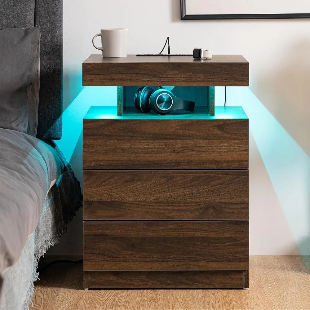 Rustic Brown Nightstand w/ Wireless Charging Station Walnut Wood 3 Drawers