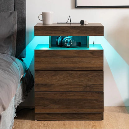 Rustic Brown Nightstand w/ Wireless Charging Station Walnut Wood 3 Drawers