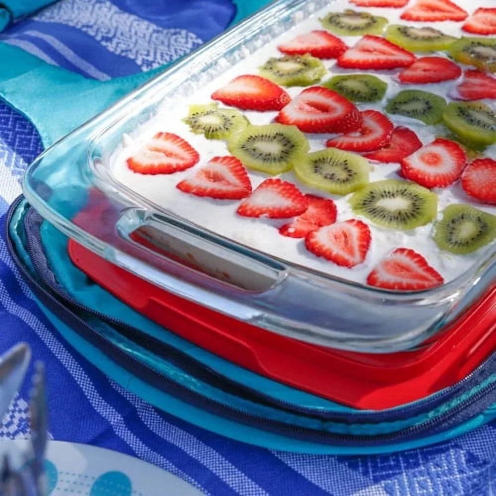 4-piece rectangular glass baking dish set with red lid