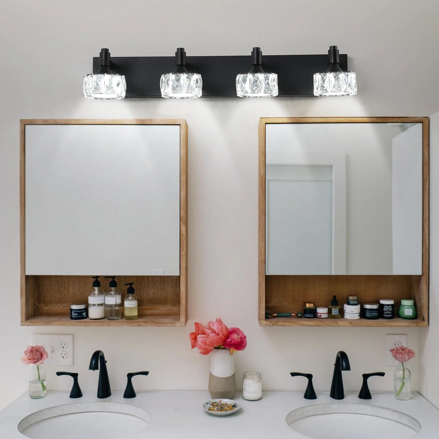 LED Vanity Light Modern 4-Light Matte Black Fixture with Crystal Glass Shades