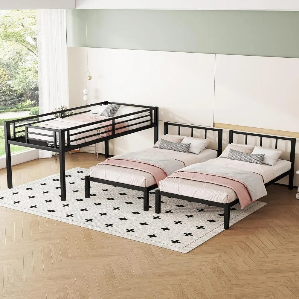 Twin Size Triple Bunk Bed for 3 Kids, Heavy Duty Metal Frame with Safety Fence, Space Saving Design, Black