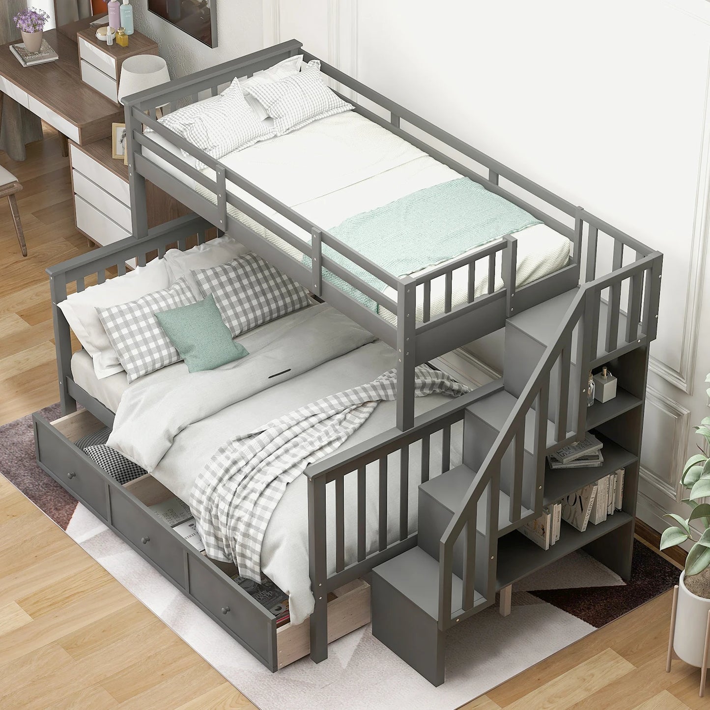 Stairway Twin-Over-Full Bunk Bed W / Drawer, Storage and Guard Rail for Bedroom, Dorm, for Adults