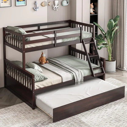 Twin over full bunk bed W / trundle, solid pine wood frame, space-saving design with ladder and safety rails