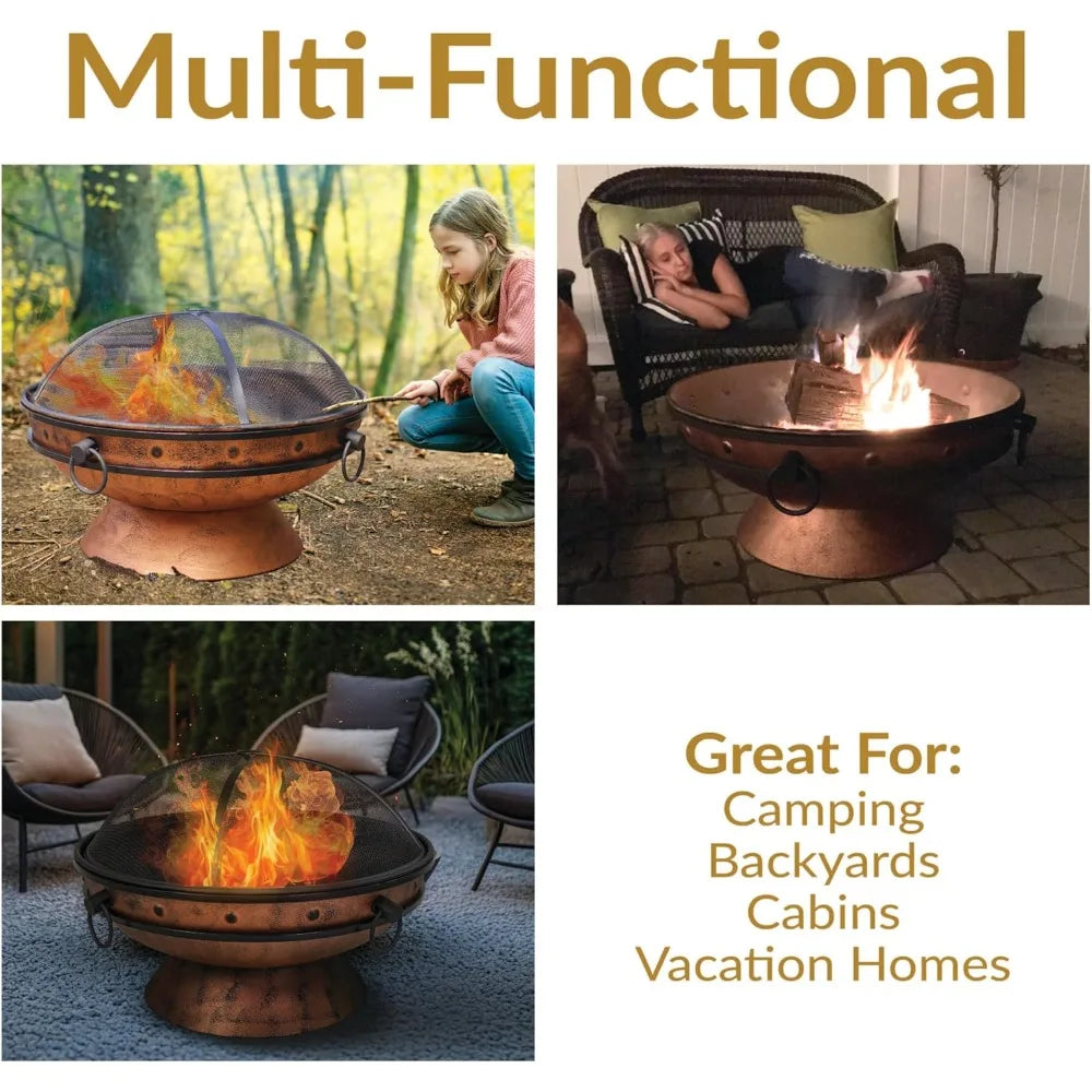 Sunnydaze 30-Inch Large Outdoor Fire Pit - Wood Burning Fire Pit for Outside with Poker and Screen - Copper Finish - Royal Cauld