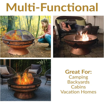 Sunnydaze 30-Inch Large Outdoor Fire Pit - Wood Burning Fire Pit for Outside with Poker and Screen - Copper Finish - Royal Cauld