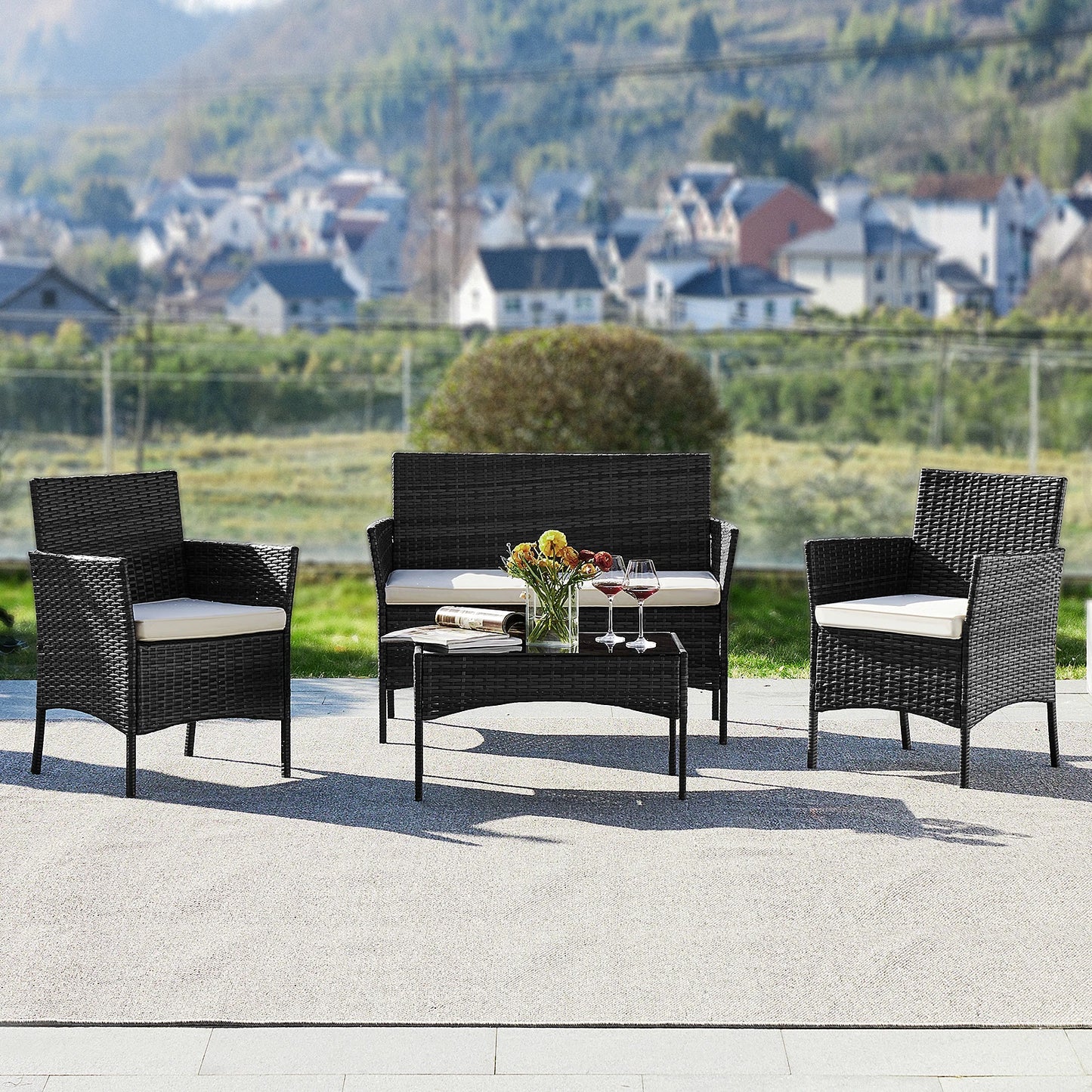 JHK 4 Piece Outdoor Patio Furniture Set with Soft Cushion and Glass Table
