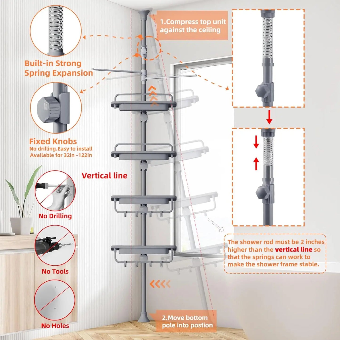 32-122inch Corner Shower Caddy Tension Pole Grey, Rustproof Drill-Free