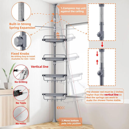 32-122inch Corner Shower Caddy Tension Pole Grey, Rustproof Drill-Free