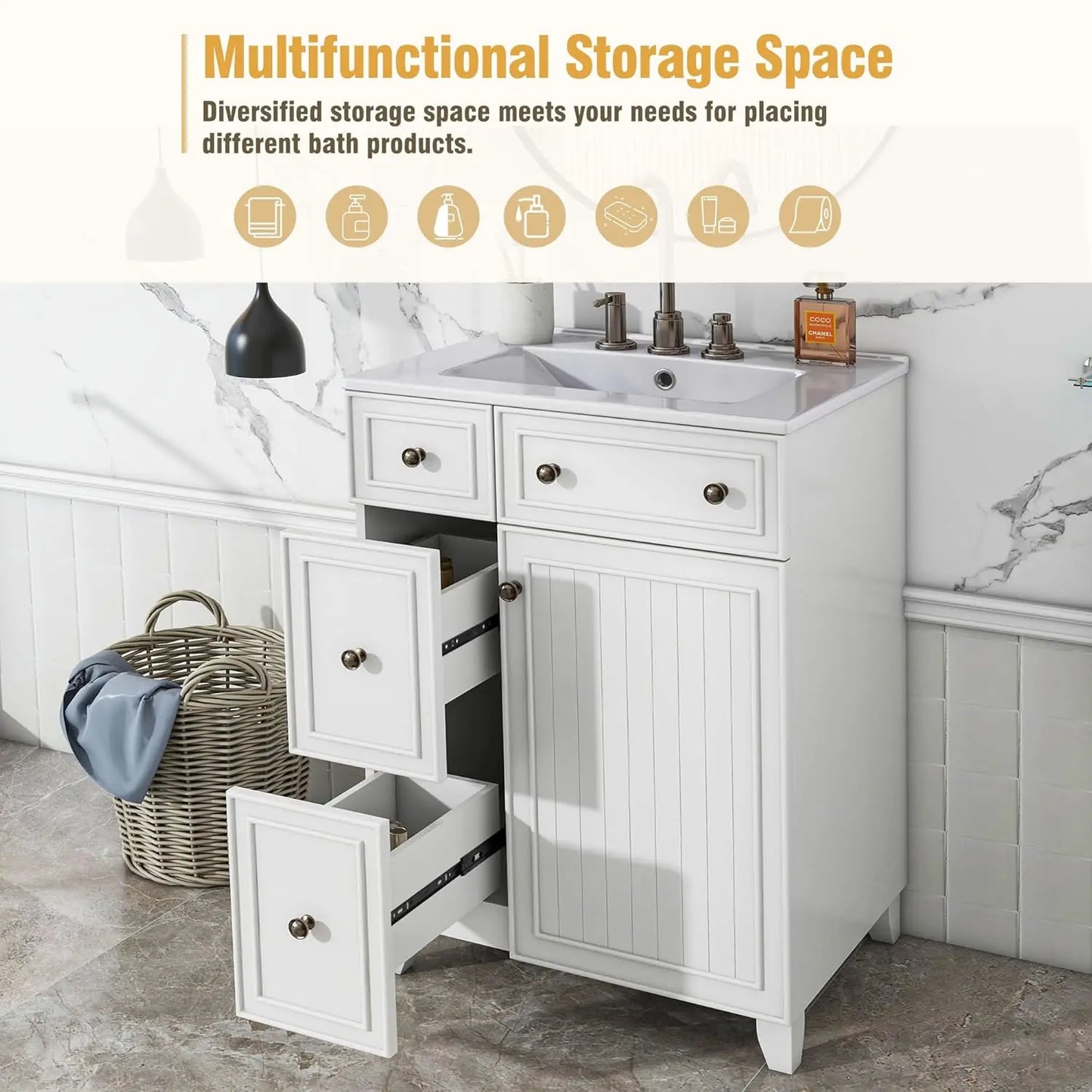 24" Free Standing Bathroom Vanity Set with Sink, 2 Drawers & Door