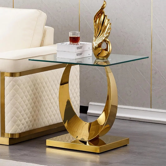 1 Piece Living Room End Table Luxury Glass Side Table, Modern Gold Stainless Steel Pedestal