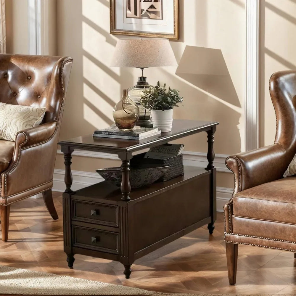 "Solid Wood End Table - 2 Drawers, Vintage Design