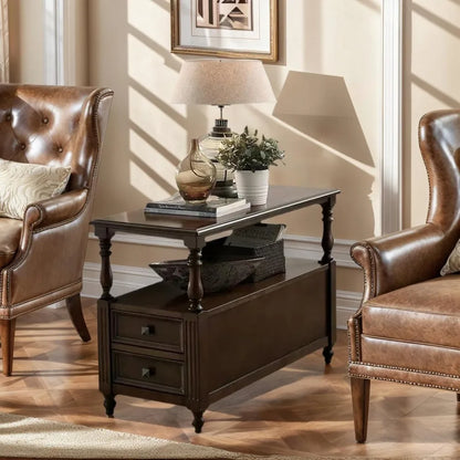 "Solid Wood End Table - 2 Drawers, Vintage Design