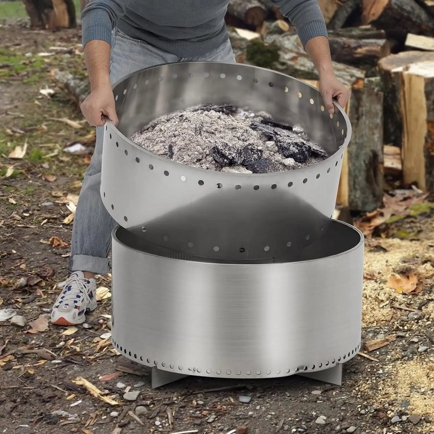 27" Smokeless Fire Pit W/ Air Switch, Wood Burning Portable Stainless Steel Outdoor Firepit