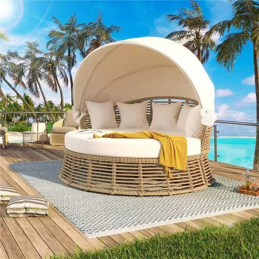 Outdoor Patio Rattan Round Daybed with Retractable Canopy Wicker Furniture