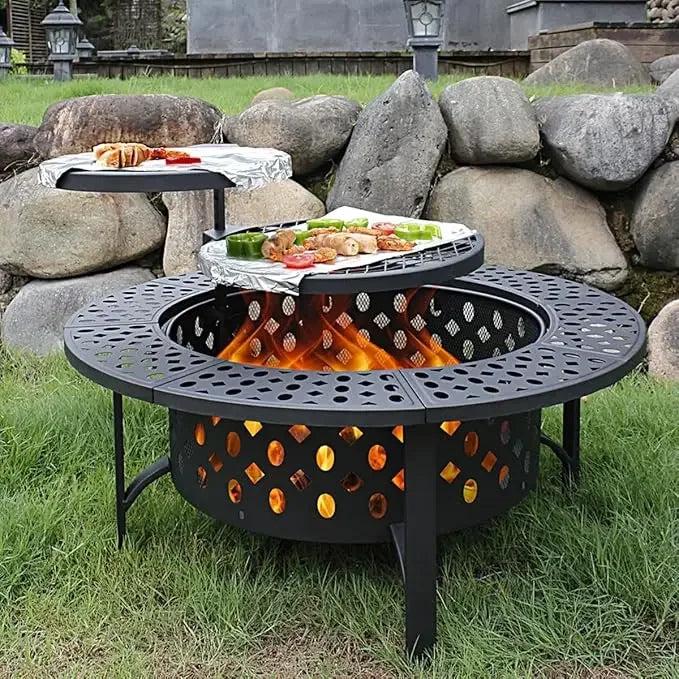Fire Pit with 2 Grills, Wood Burning Fire Pits for Outside with Lid,