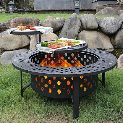 Fire Pit with 2 Grills, Wood Burning Fire Pits for Outside with Lid,