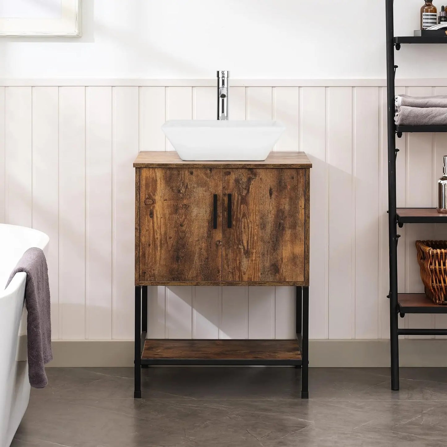 Rustic Brown 24" Bathroom Vanity & Cabinet Set w/ Shelf & Vessel Sink
