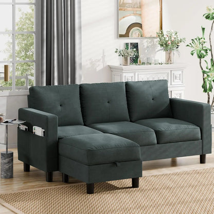 L-Shaped Couch 3 Seat Sofa Set W/ Linen Fabric & Ottoman Small Couch