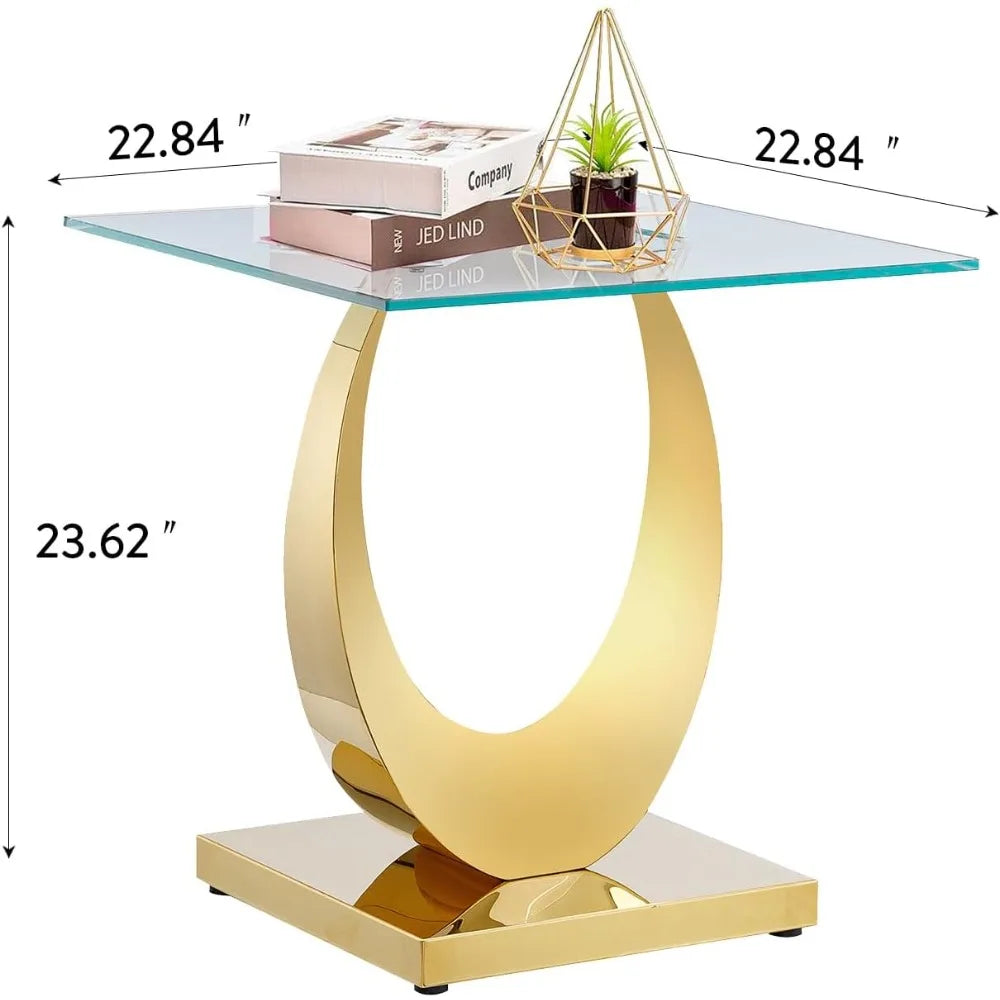 1 Piece Living Room End Table Luxury Glass Side Table, Modern Gold Stainless Steel Pedestal