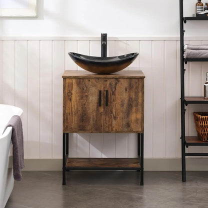 Rustic Brown 24" Bathroom Vanity & Cabinet Set w/ Shelf & Vessel Sink