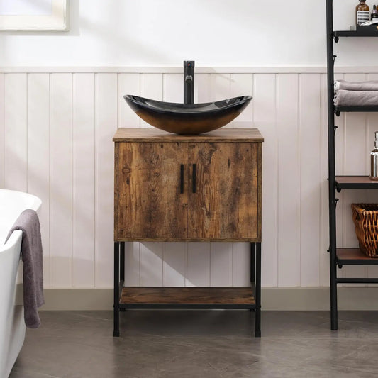 Rustic Brown 24" Bathroom Vanity & Cabinet Set w/ Shelf & Vessel Sink