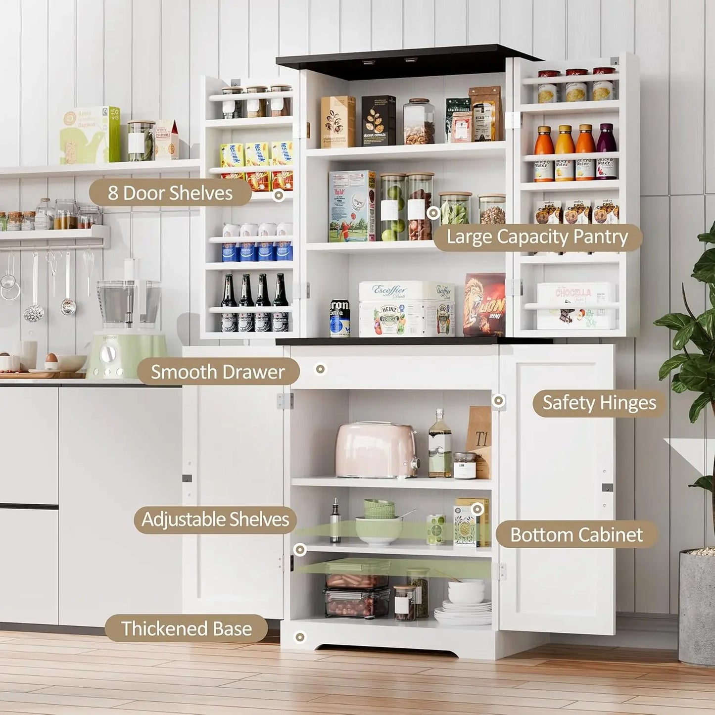 Sturdy Kitchen Pantry Storage Cabinets w/ Adjustable Shelves