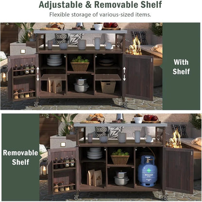 Outdoor Kitchen Island, Rolling Bar Cart & Storage Cabinet, Farmhouse Solid Wood Outdoor Grill Table with Stainless Steel Top,