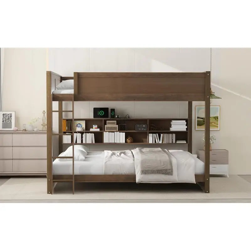 Queen Over Queen Bunk Bed with Storage, USB Ports, Antique Finish