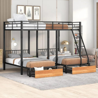 triple bunk bed with drawers, guardrails, full over twin & twin for three, space-saving design