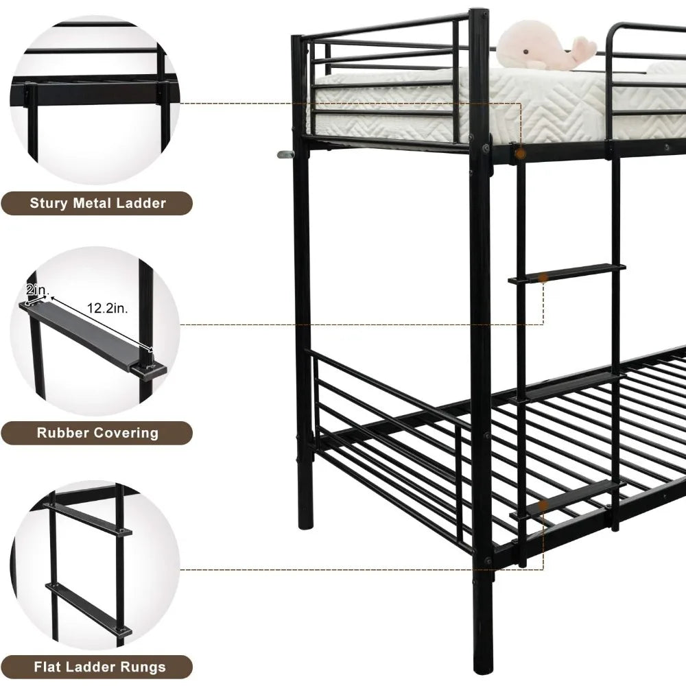 twin over twin heavy duty bunk bed W / flat ladder and 13" high guardrail for kids, teens, and adults