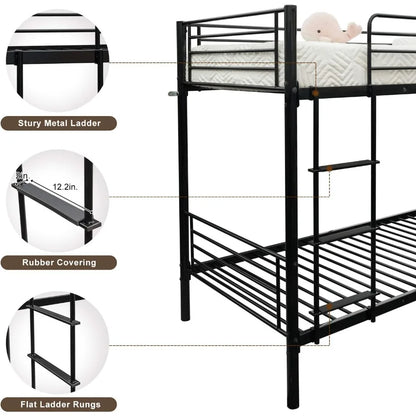 twin over twin heavy duty bunk bed W / flat ladder and 13" high guardrail for kids, teens, and adults