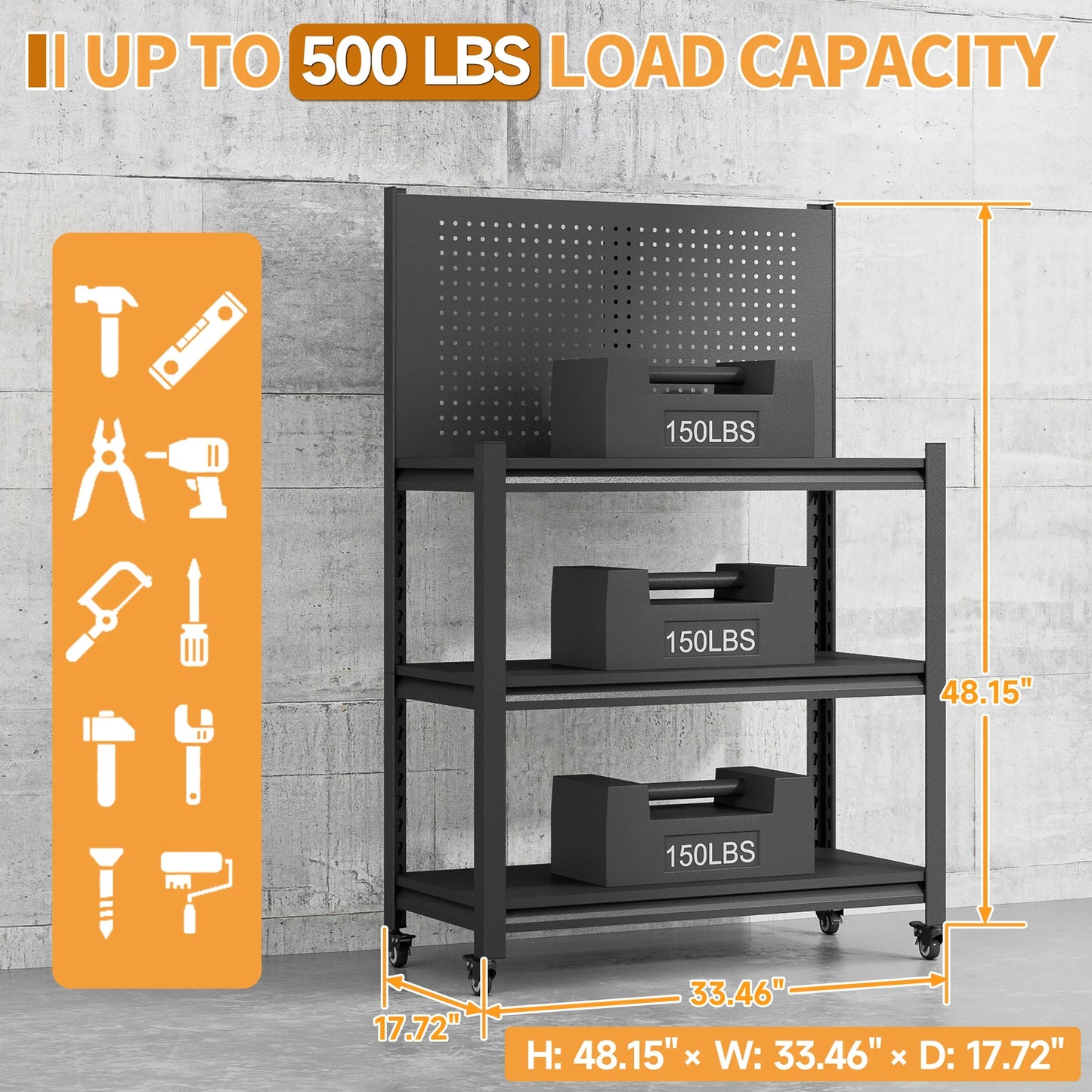 Tool Storage Workbench Rolling Shelving W/ Pegboard