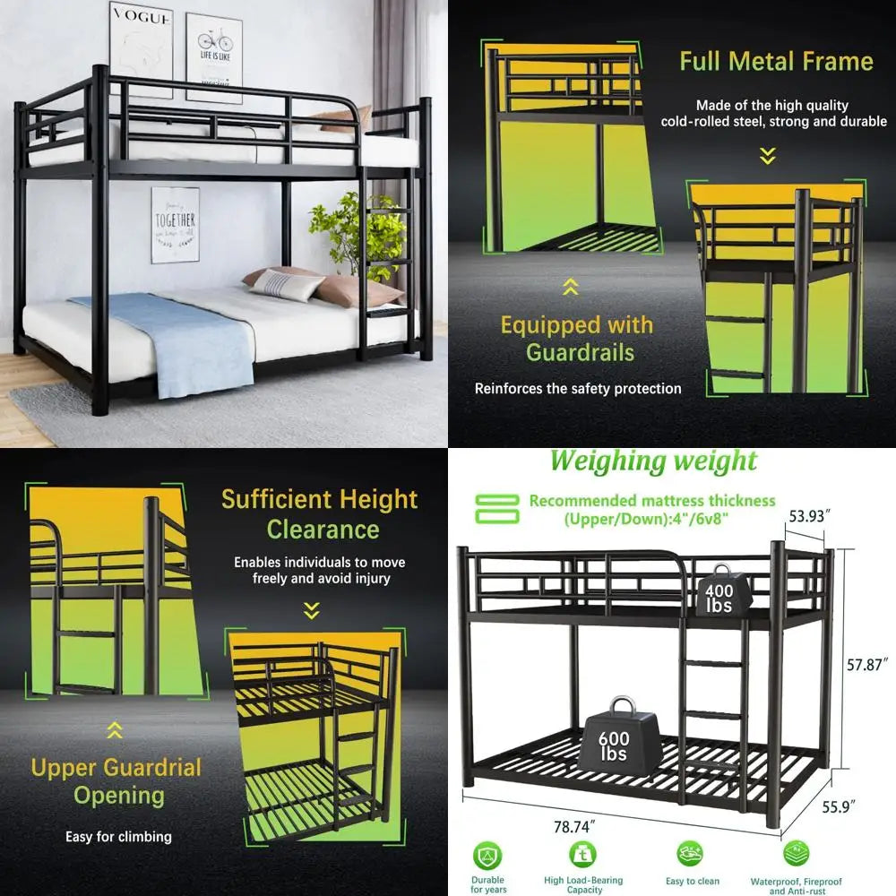 Double Full Bunk Beds W / Detachable Wide Ladder, Full-Length Guardrails, and Quiet Design
