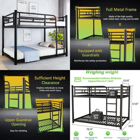 Double Full Bunk Beds W / Detachable Wide Ladder, Full-Length Guardrails, and Quiet Design