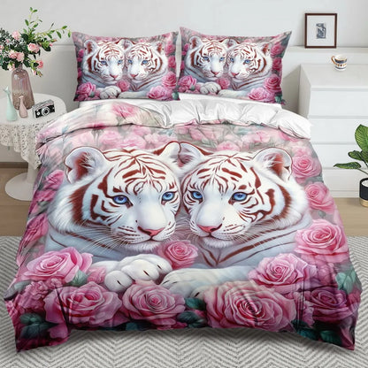 3pcs Fashion Bedding Set Tiger Pink Rose Digital Print Comfortable Breathable