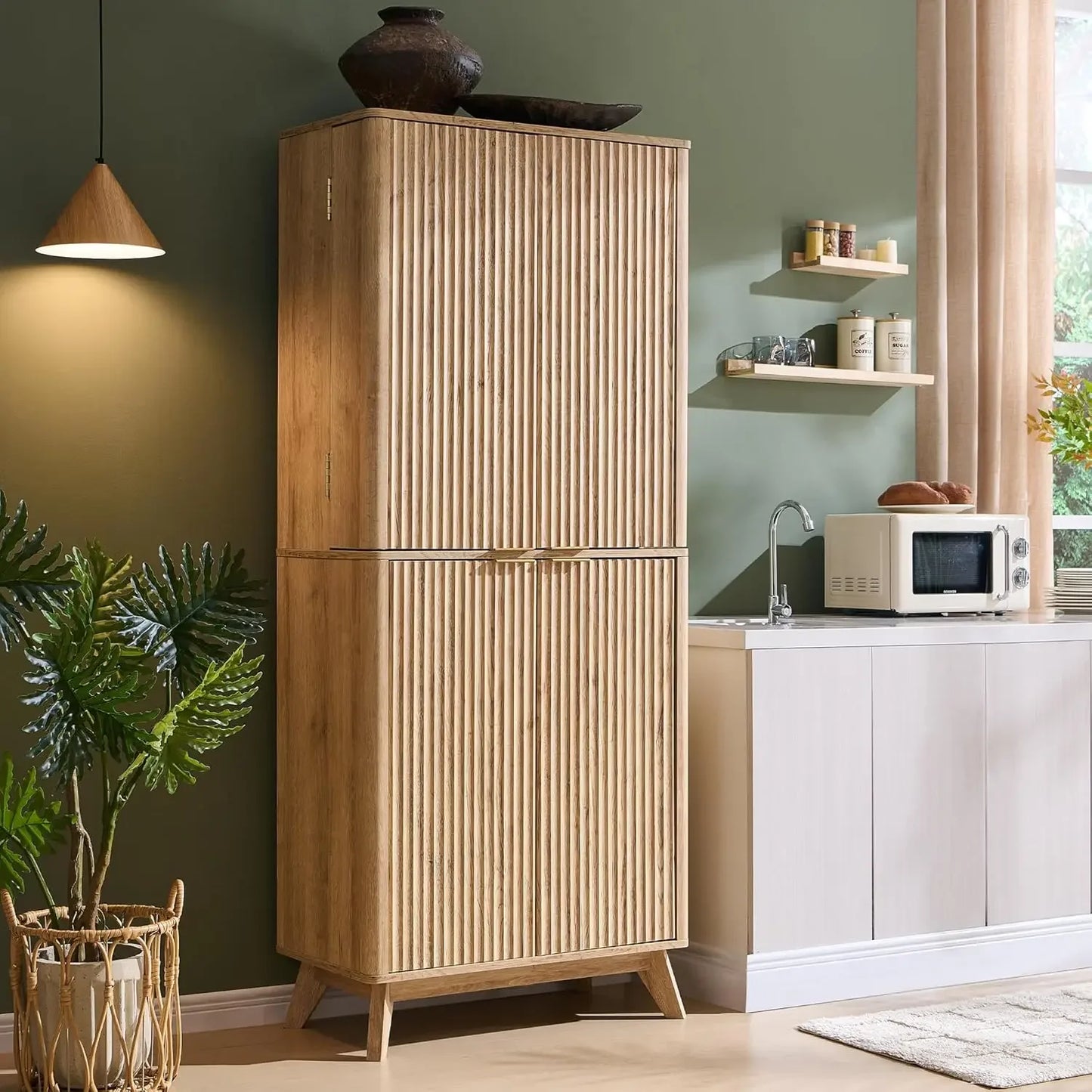 72"Fluted Pantry Storage Cabinet Adjustable, Curved Profile