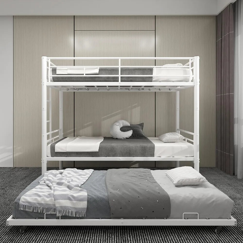 Heavy-Duty Twin Over Twin Bunk Bed with Trundle and Side Ladder, Convertible Bunkbed with Safety Rails for Secure Sleep
