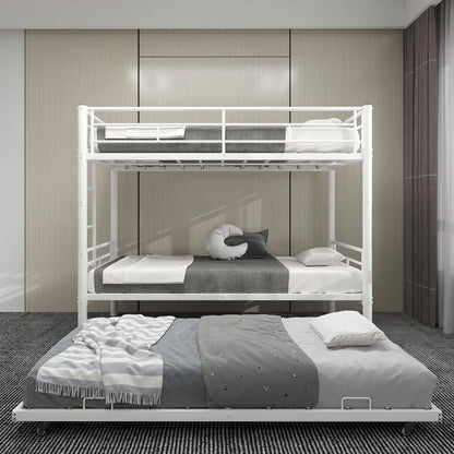 Heavy-Duty Twin Over Twin Bunk Bed with Trundle and Side Ladder, Convertible Bunkbed with Safety Rails for Secure Sleep