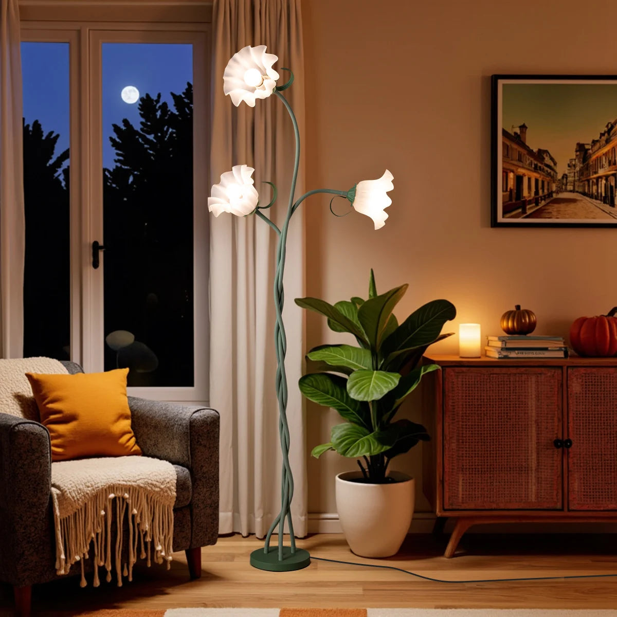 Retro 3-Head Flower Floor Lamp, Contains Bulb, 3-Color Dimmable W / Flexible Neck Room