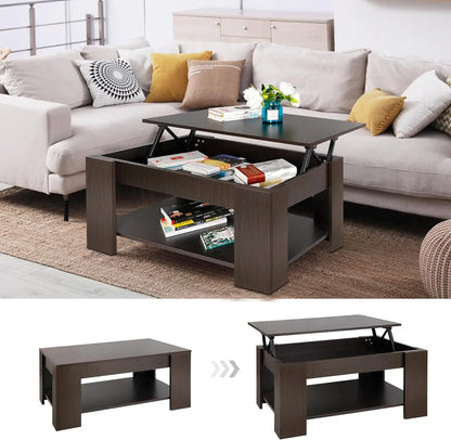SUPER DEAL Modern Lift Top Coffee Table w/Hidden Compartment and Storage Shelves Pop-Up Storage Cocktail