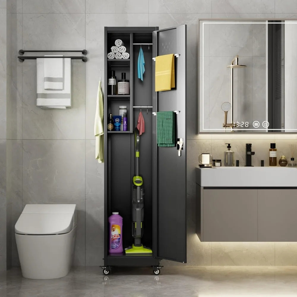 72'' Metal Broom Closet Storage Cabinet w/ Wheels & Pegboards