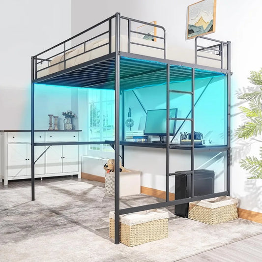 Full Size Metal Loft Bunk Bed Frame for Kids Teens Adults with Desk Underneath,2 Charging Station,LED Lights,Safety Guardrail a